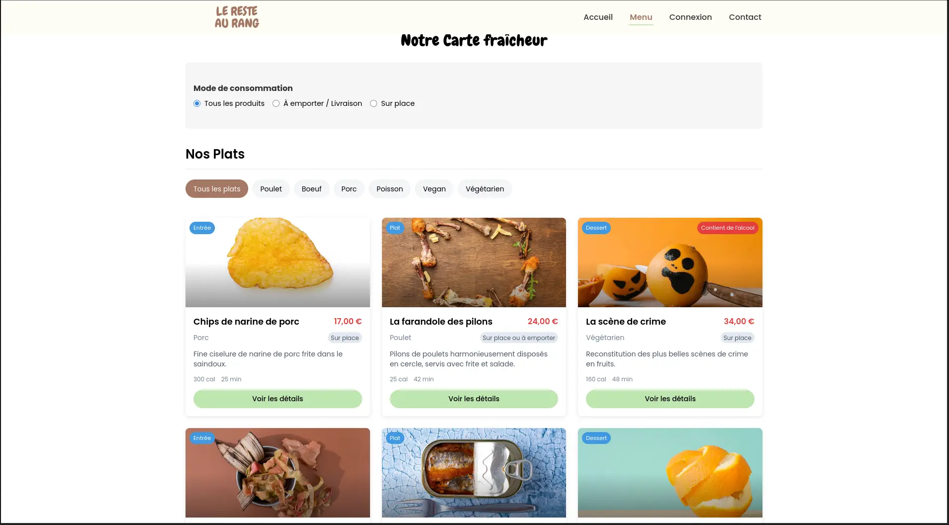 Page des menus avec filtres de recherche