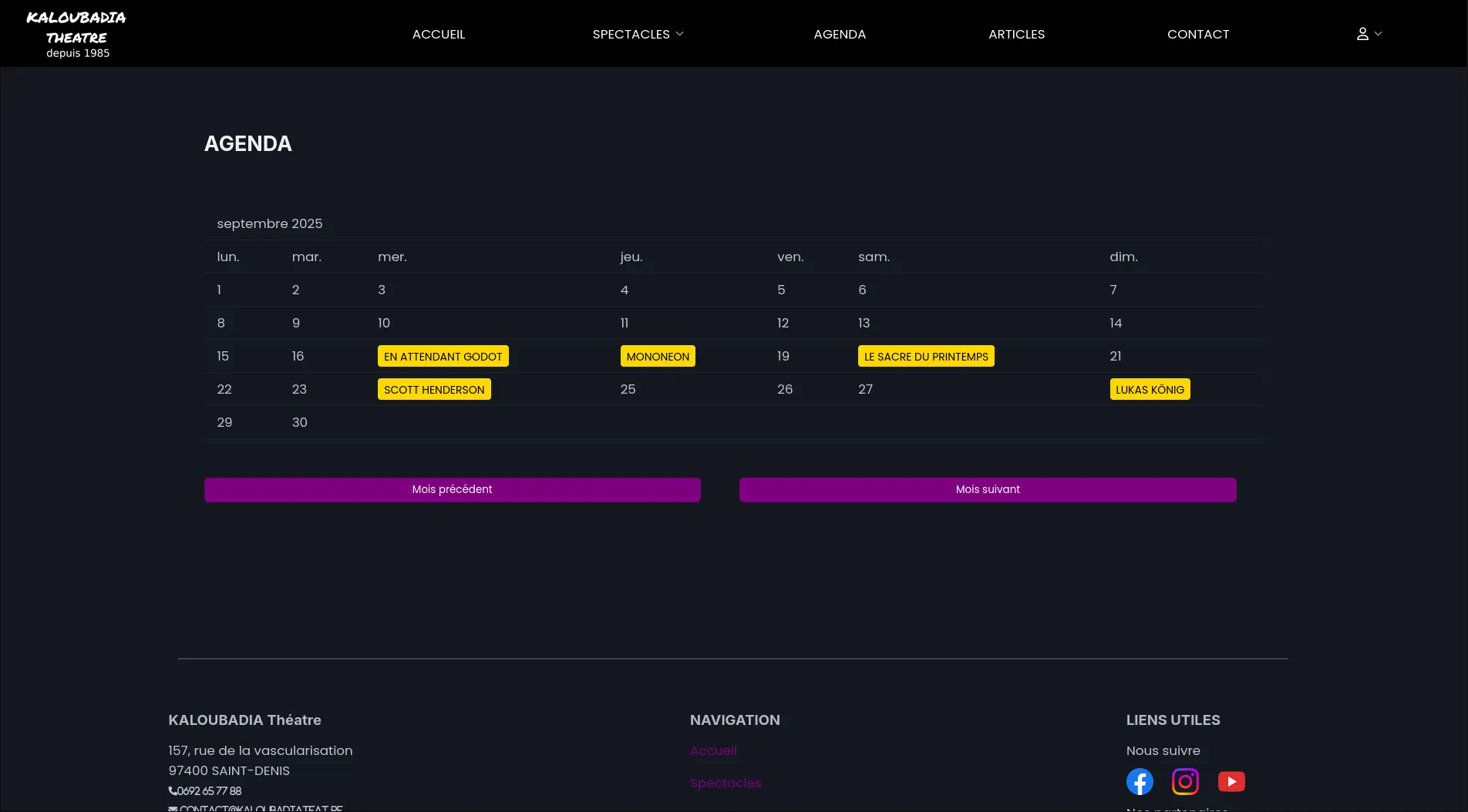 Page de l'agenda du site avec les titres des spectacles par dates