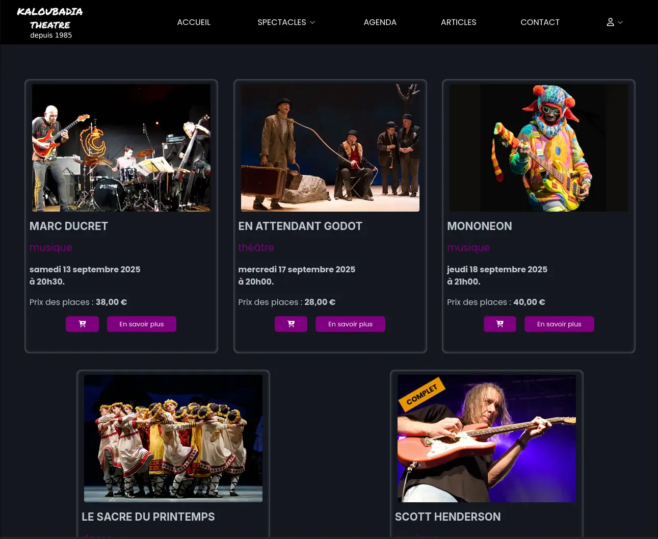 Page des spectacles du site Kaloubadia Théâtre